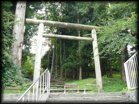 新羅神社参道途中に設けられた大鳥居と石段